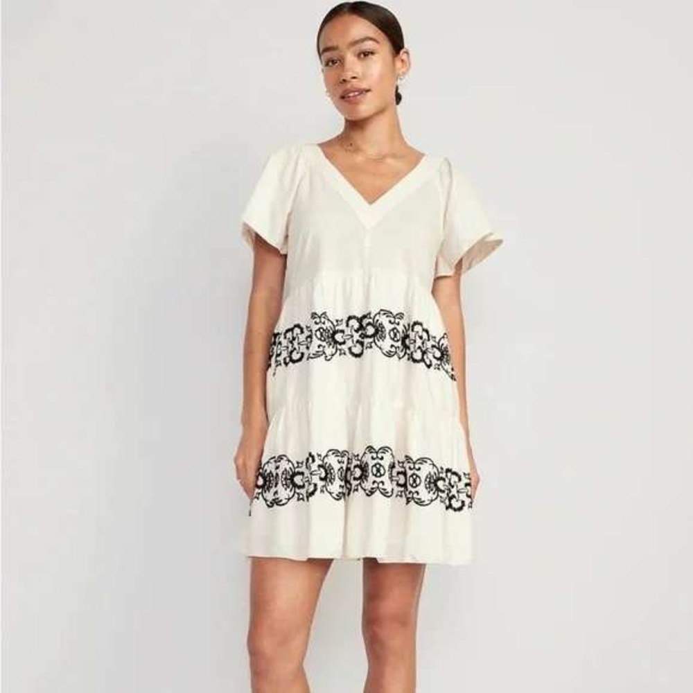 Old Navy Embroidered Mini Cream Cottage‎ Babydoll Boho Dress Sz L Tall